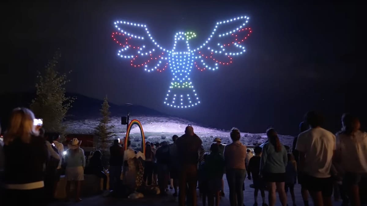 An eagle lights up the ski in a drone show held on July 4, 2023 at Canyons Village.